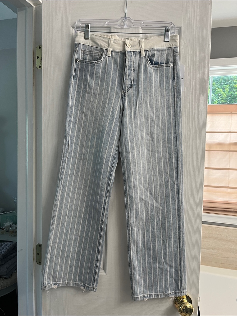 Sam Edelman Blue and White Pinstripe Wide-Leg Jeans